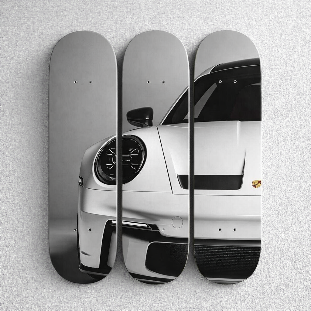 White 911 Sports Car 3-Piece Skateboard Wall Art – Modern Luxury Decor