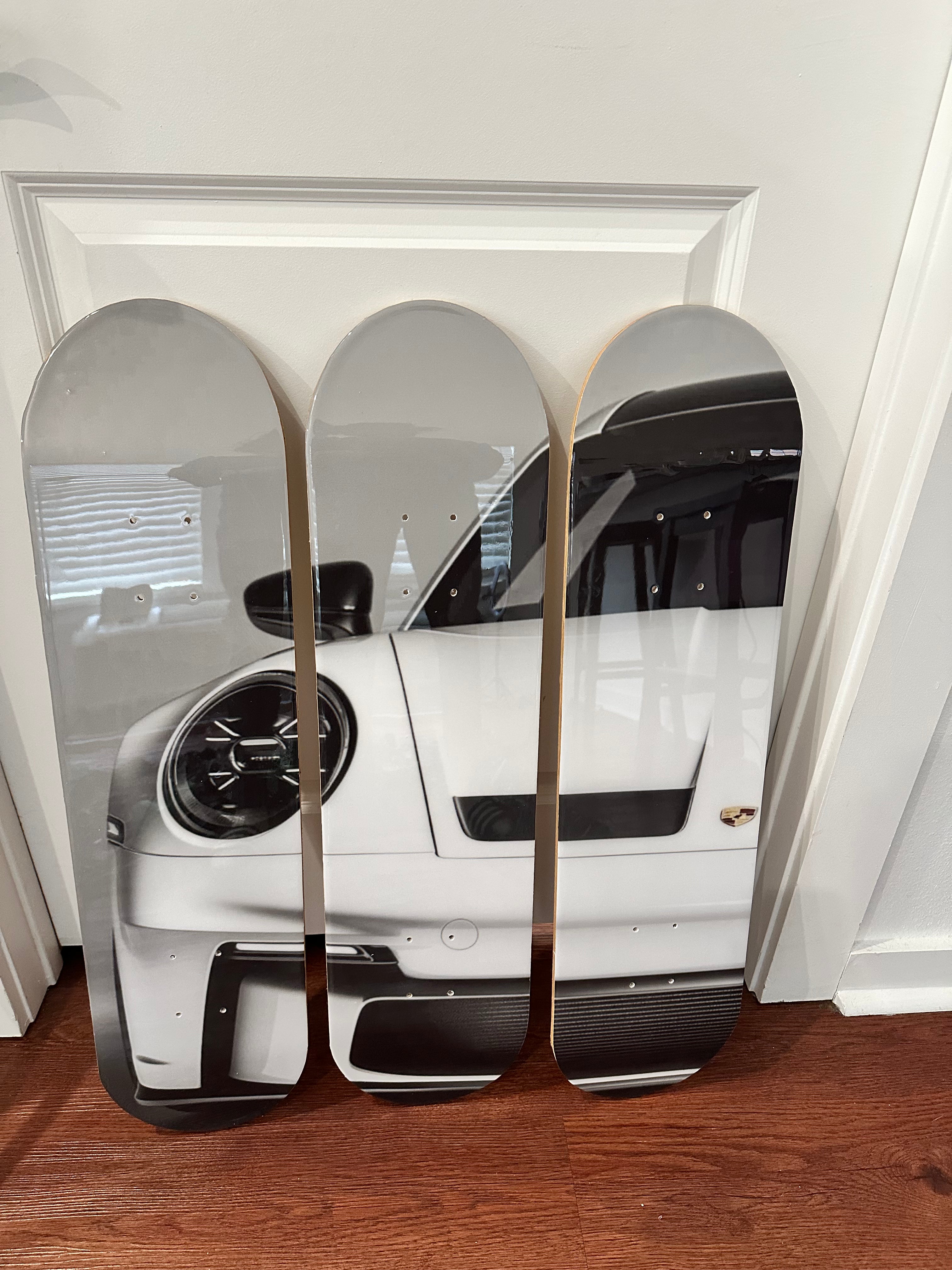 White 911 Sports Car 3-Piece Skateboard Wall Art – Modern Luxury Decor